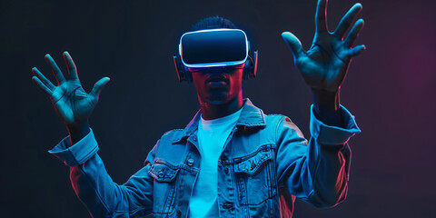A young man wearing a VR headset with hands outstretched as if interacting with a virtual world, captured in a studio setting with blue and purple lighting.. african man