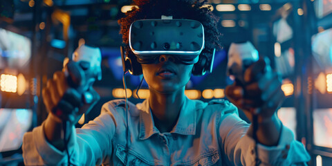 A young woman wearing a VR headset plays a video game with a controller in her hands, showcasing the immersive experience of virtual reality.