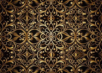 Luxurious black and gold geometric pattern featuring intricate swirls and ornate details on a sleek modern background, evoking elegance and sophistication.