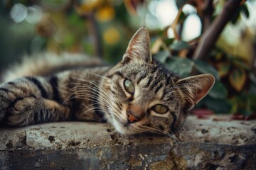Brown tabby cat with green eyes is lying down on a stone wall, enjoying the peace and quiet of a garden