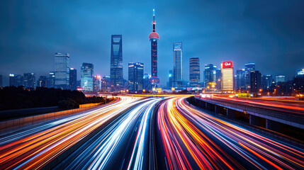 Fototapeta premium A stunning night view of a city skyline with vibrant light trails on a highway, showcasing modern architecture and urban life.