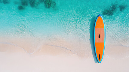 A serene aerial view of a colorful paddleboard on turquoise waters, surrounded by stunning sandy beach and vibrant marine life.