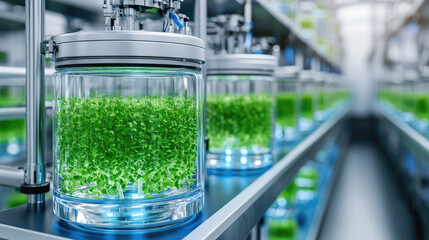 Naklejka premium Close-up of modern bioreactor with vibrant green algae culture in laboratory setting, showcasing innovative biotechnology.