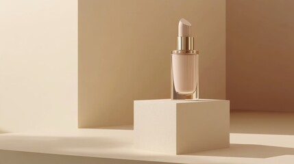 Minimal abstract background for product presentation with a cosmetic bottle and beige cube. 3D rendering.