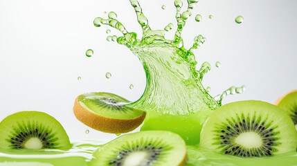 Vibrant kiwi fruit splashing in liquid with dynamic water spray and fresh slices, showcasing juicy and refreshing nature.
