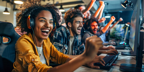 A group of gamers celebrates a victory in an intense gaming session.