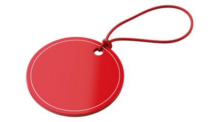 Red round tag with string attached, Ideal for adding sales, promotional, price tag, or branding designs isolated on transparent background 

