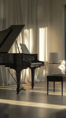 Music Teacher in Minimalist Room with Grand Piano and Soft Lighting  