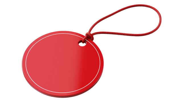 Red round tag with string attached, Ideal for adding sales, promotional, price tag, or branding designs isolated on transparent background 
