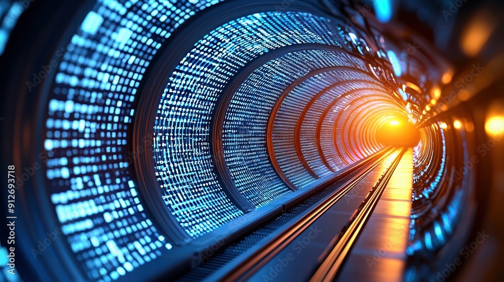 Sticker a futuristic tunnel illuminated with vibrant lights, showcasing a blend of technology and motion in 