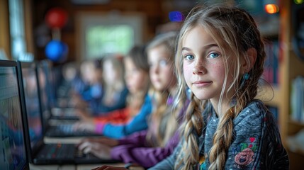 Obraz premium Young Girl in a Classroom with Computers