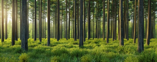 Sun-drenched forest clearing with mature trees, lush undergrowth and vibrant foliage, tranquil woodland escape