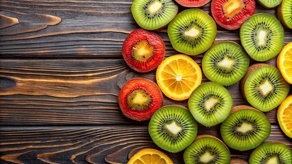 Slices of yellow, green and red kiwi fruit on a table background, kiwi, fruit, slices, yellow, green, red, fresh, vibrant, colorful