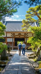 Fototapeta premium Two individuals walk along a tranquil pathway in a Japanese garden under a clear blue sky