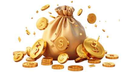 3D rendering of overflowing money bag with gold coins, symbolizing wealth, abundance, financial success, and investment growth isolated on transparent background 
