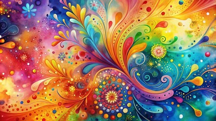 Vibrant multicolor watercolor splash and dot background with abstract shapes and swirling patterns, ideal for festive event flyers, party invitations, and celebratory designs.