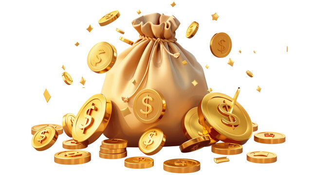 3D rendering of overflowing money bag with gold coins, symbolizing wealth, abundance, financial success, and investment growth isolated on transparent background