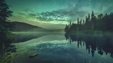 Northern lights reflected in a still lake. 