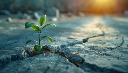 A small plant breaking through a cracked concrete sidewalk, Plant Growth, representing resilience and nature's persistence
