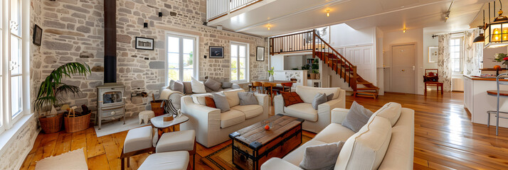 Fototapeta premium old stone wall in the interior with a modern wood-burning stove and wooden floor and stairs leading to the upper level 