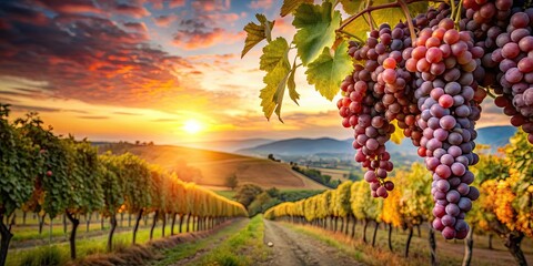 Naklejka premium Ripe red grapes on vineyards in autumn harvest at sunset in Tuscany, Italy, grapes, vineyards, autumn, harvest, sunset, Tuscany