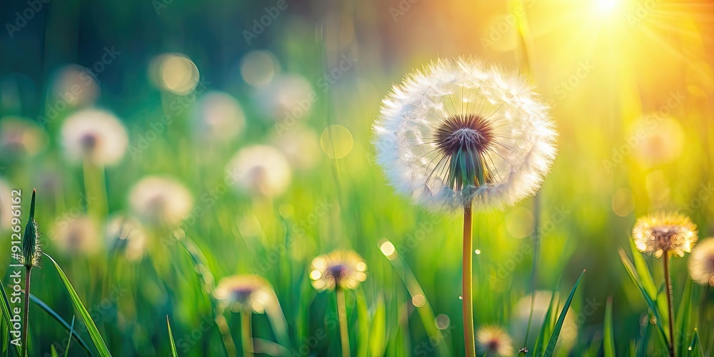 Poster Vibrant dandelion swaying in the gentle breeze on a peaceful meadow, floral, nature, plant, summer, bloom, wildflower, field