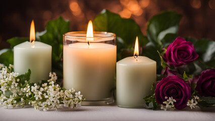 Three candles are lit and placed on a table with flowers