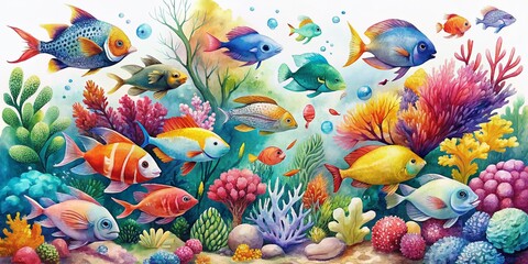 Vibrant tropical fish dart and weave through a kaleidoscope of coral in a whimsical watercolor depiction, set against a clean white transparent background.