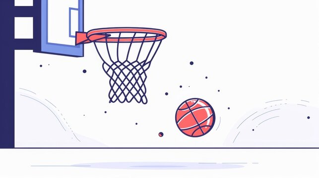 2D vector illustration of a basketball and hoop, minimalist and clean, with a basic and plain design