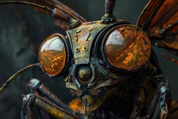 Fototapeta premium Steampunk mechanical wasp with glowing orange eyes is showing its intricate details