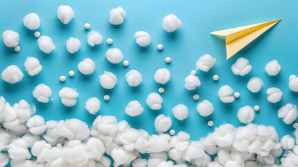 Paper airplane flying through clouds made of cotton balls. 