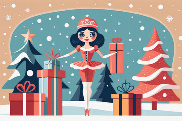 Retro aesthetic greeting card with nutcracker and ballerina with Christmas snow scene winter landscape.