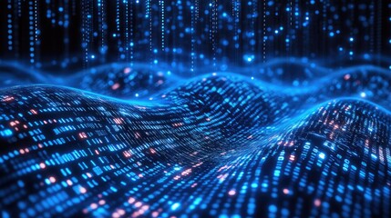 Abstract wave of binary code flowing through space