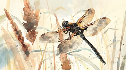 Watercolor Stunning Dragonfly Resting Cattail