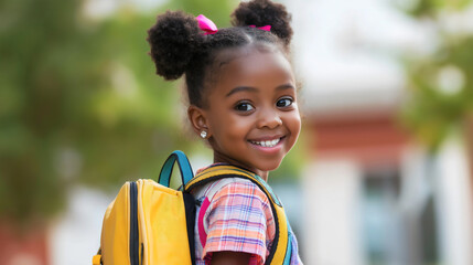 Smiling African American girl with backpack or schoolbag outside going back to school with happy cheerful face expression, schoolgirl pupil or little student, adorable child, cheerful cute toddler