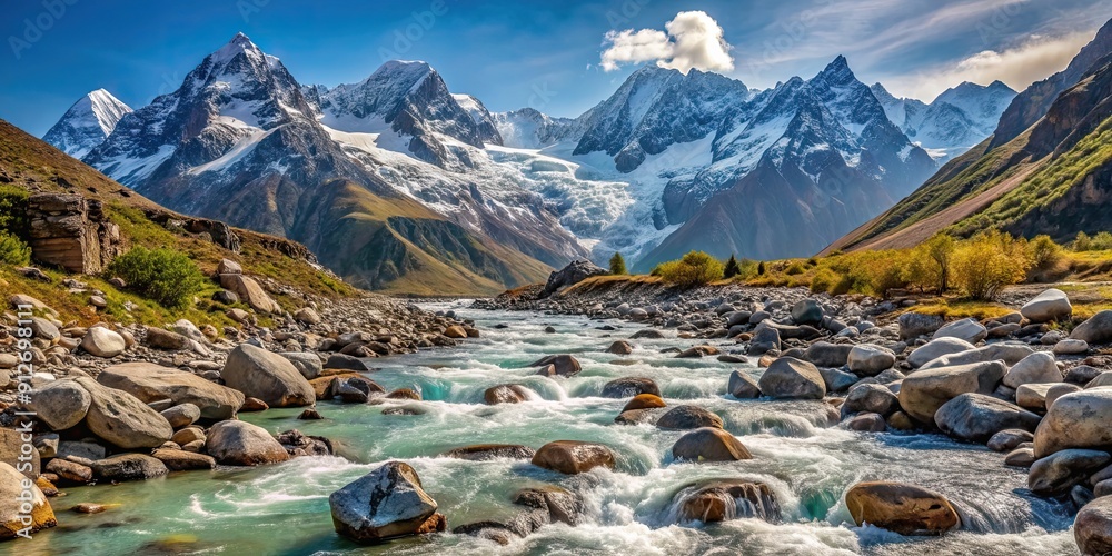 Poster Mountain river flowing through rocky terrain with snow-capped peaks in the background, mountain, river, water, nature