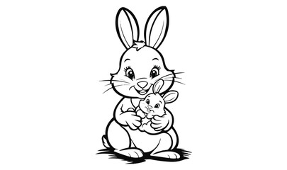 Beautiful bunny with her child kids drawing isolated on white background - vector illustration