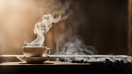 A white coffee cup with steam rising from it