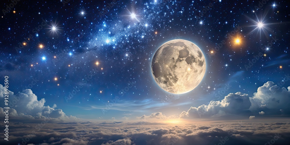 Wall mural Tranquil night sky filled with stars and a bright full moon , peaceful, serene, celestial, night, sky, stars, moon, tranquil