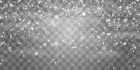 Vector falling snowflakes on png background. Vector heavy snowfall. White snowflakes flying in the air. Snow flakes, snow and blizzard. Christmas snow. Vector illustration isolated on transparent