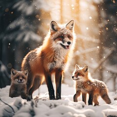 Fototapeta premium A family of red foxes in a snow-covered forest, sharing a joyful moment in the serene winter scene.