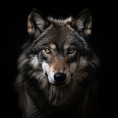A striking close-up portrait of a majestic wolf with intense yellow eyes against a black background. Ideal for wildlife collections, book covers, and captivating marketing campaigns.