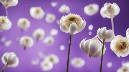 A bunch of white flowers are floating in the air