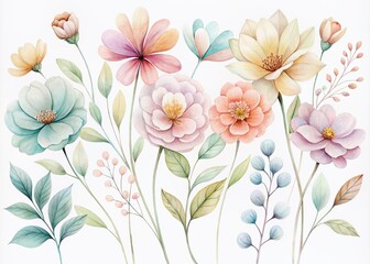 Delicate watercolor flowers in soft pastel hues with intricate petals and stems on a transparent background, perfect for digital designs and creative projects.