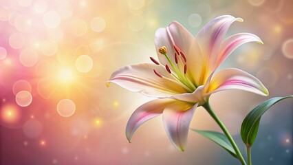 Fototapeta premium Beautiful blooming lily flower minimalist fantasy background template fresh light pink yellow white color lily flower poster nature background, Aesthetics floral inspirational tenderness illustration