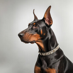 Doberman dog close-up on a light background