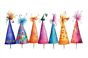Obraz premium Colorful party hats ready for celebration, perfect for birthday, New Year, and festive occasions.