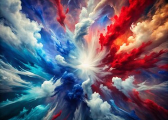 Vibrant abstract composition featuring swirling clouds of red, blue, and white hues, reminiscent of the French flag, in a dynamic and energetic explosion.