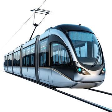 recommend clip art: Sleek modern urban tram with a sleek silver body and blue tinted windows on transparent background clipart isolate for urban transportation designs