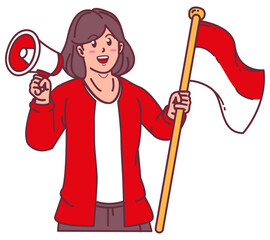 A woman carrying an Indonesian flag with megaphone